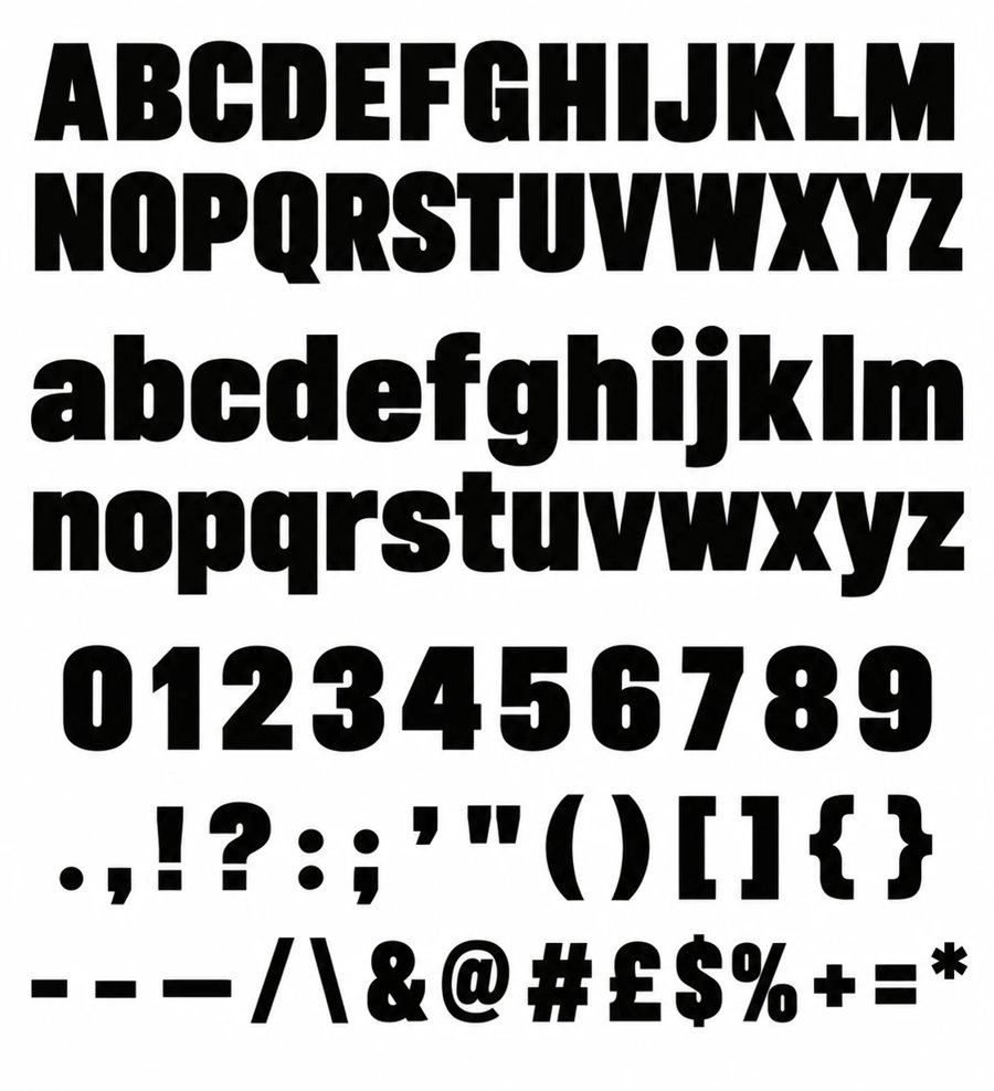 An alphabet sheet in a heavy condensed typeface showing capitals, lower case letters, numbers and punctuation