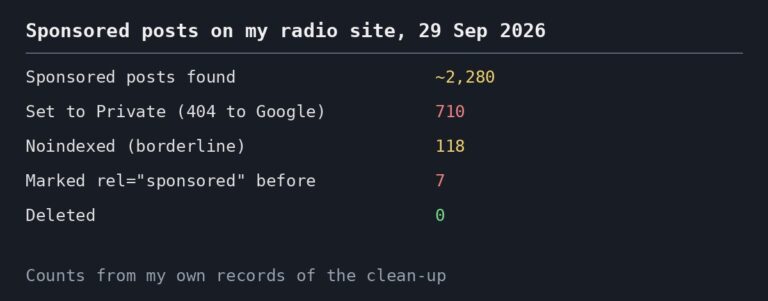Counts of sponsored posts found, made private, noindexed and deleted